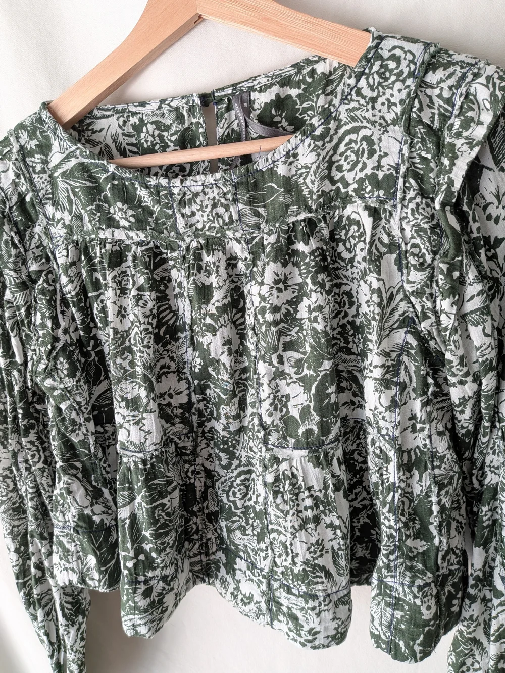 Anthropologie Olive Green Floral Smock Blouse